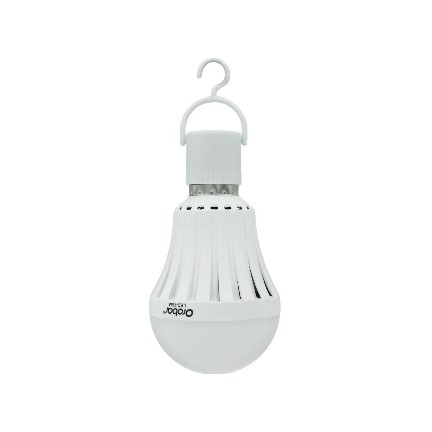 Lámpara LED recargable de emergencia Orobar blanca tipo bulbo con gancho para colgar, modelo LED-7EM.
