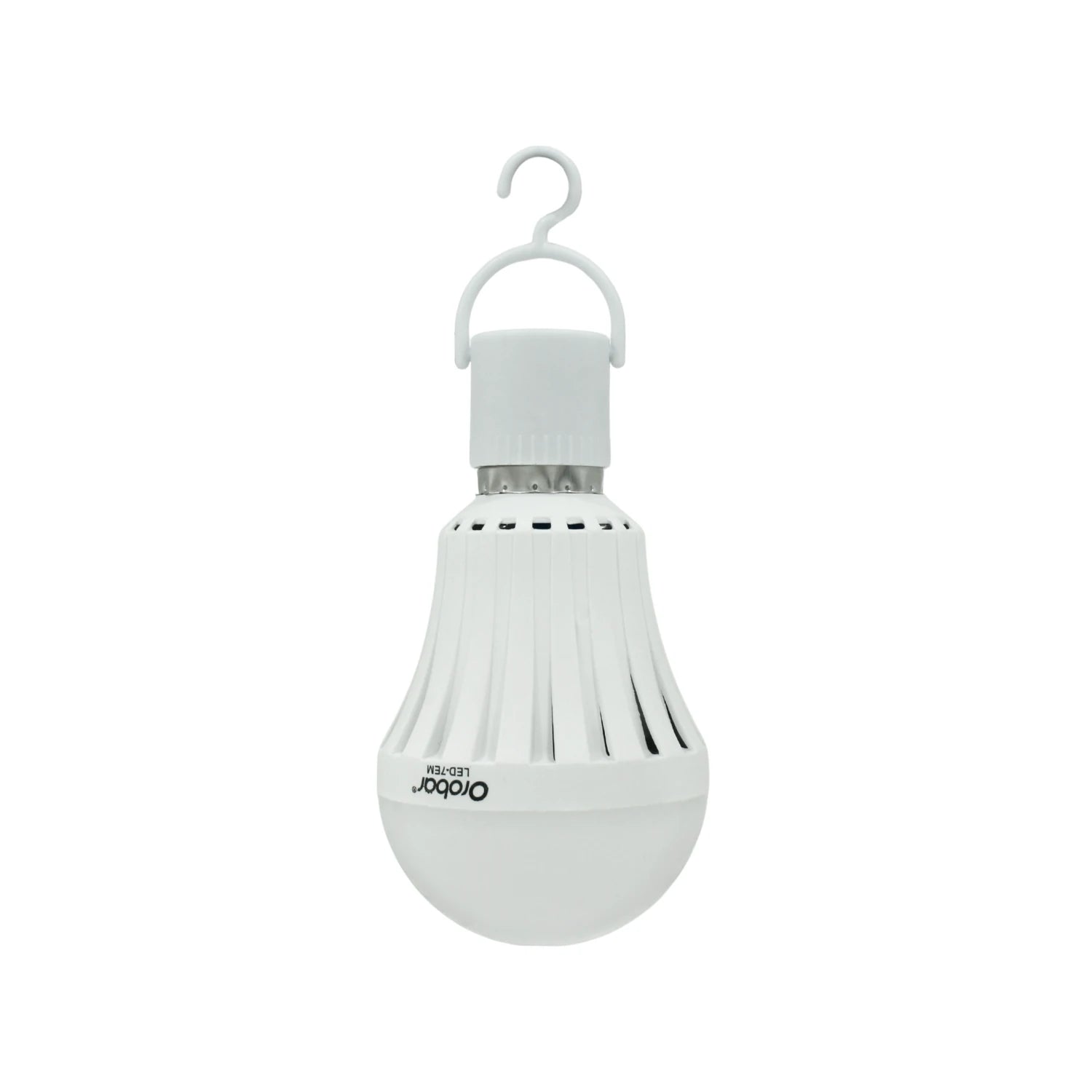Lámpara LED recargable de emergencia Orobar blanca tipo bulbo con gancho para colgar, modelo LED-7EM.