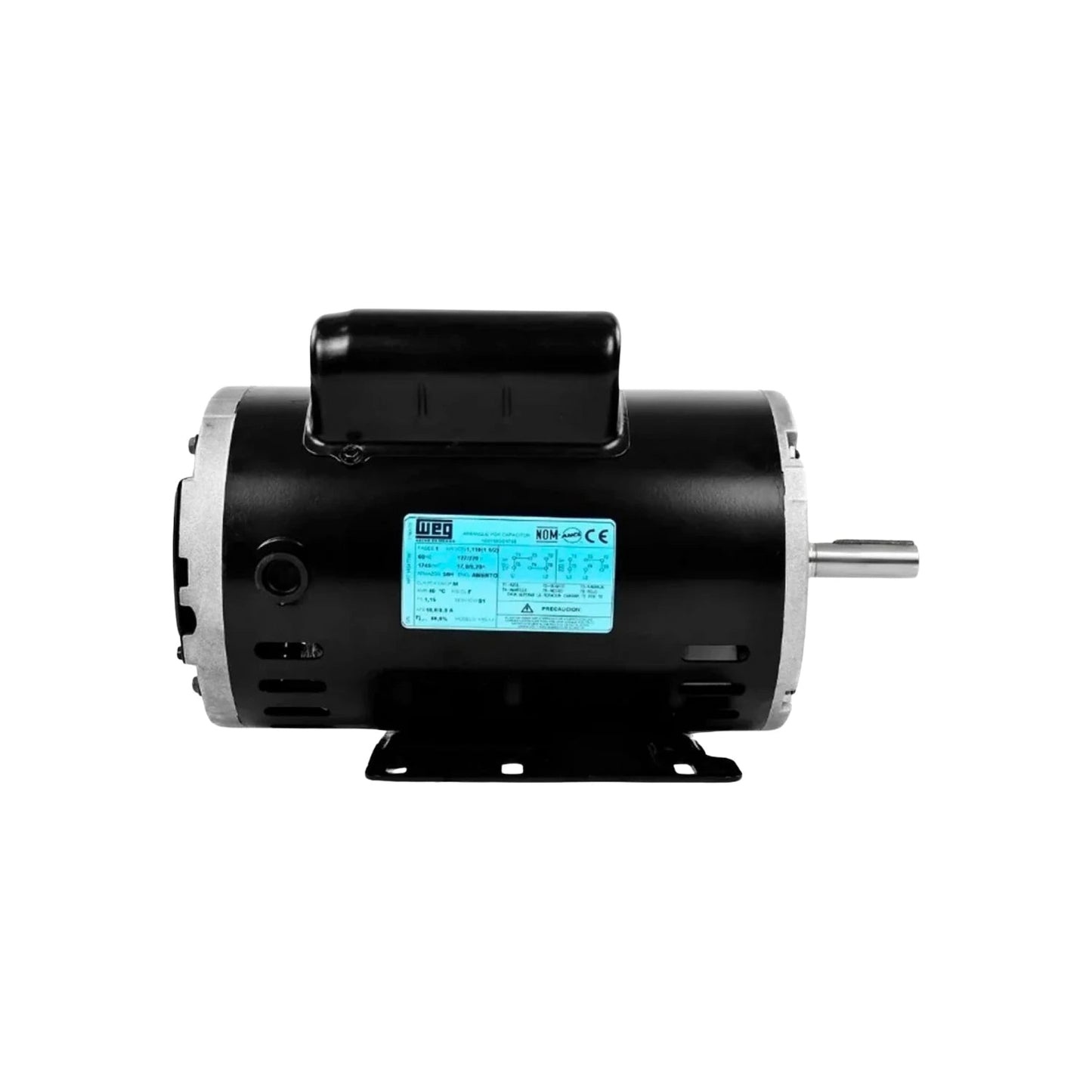 Motor eléctrico Weg 1.5 HP, 4 polos, con eje, carcasa negra y base de montaje, para aplicaciones industriales.