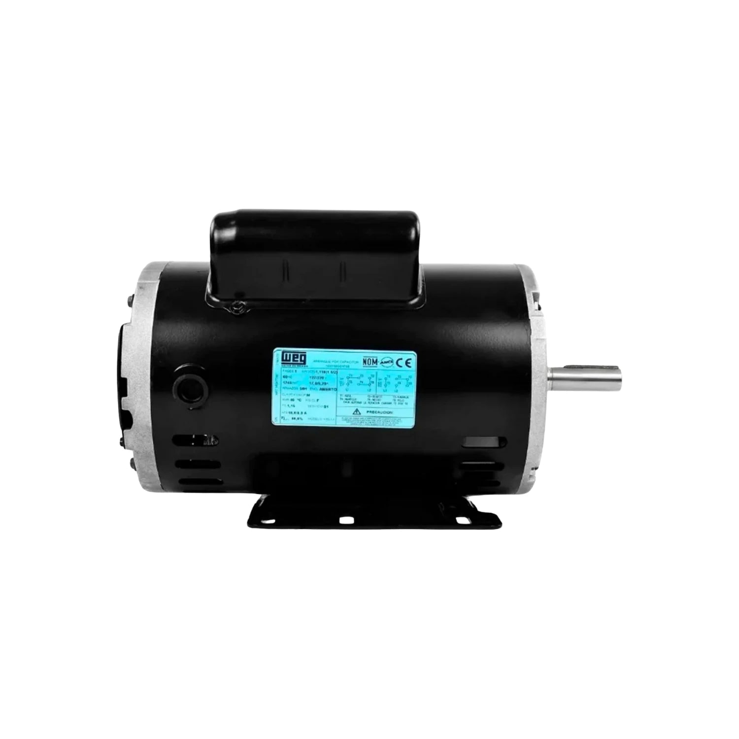Motor eléctrico Weg 1.5 HP, 4 polos, con eje, carcasa negra y base de montaje, para aplicaciones industriales.