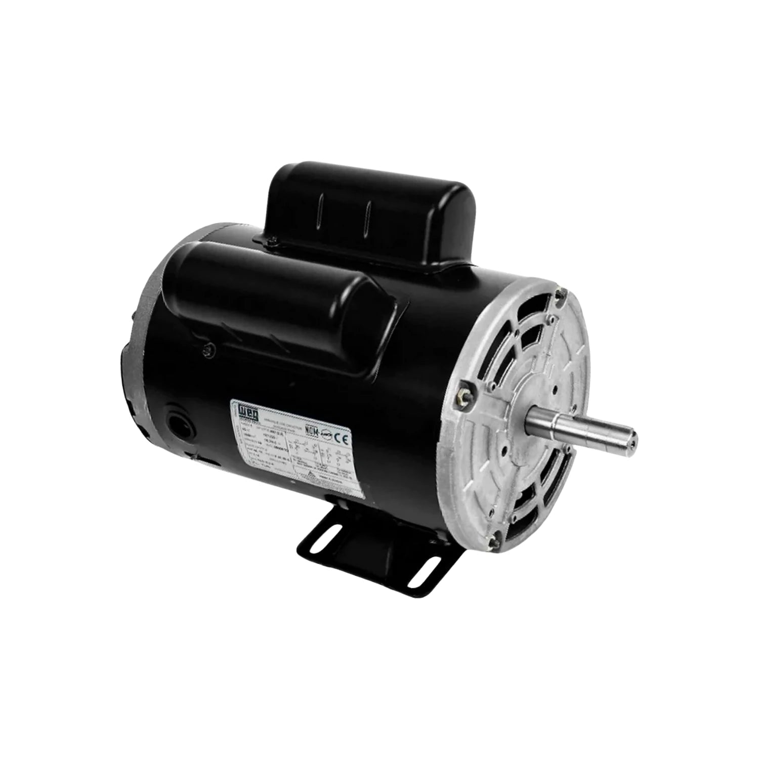 Motor eléctrico Weg negro 2 HP 4 polos con capacitores para aplicaciones industriales, eje metálico visible