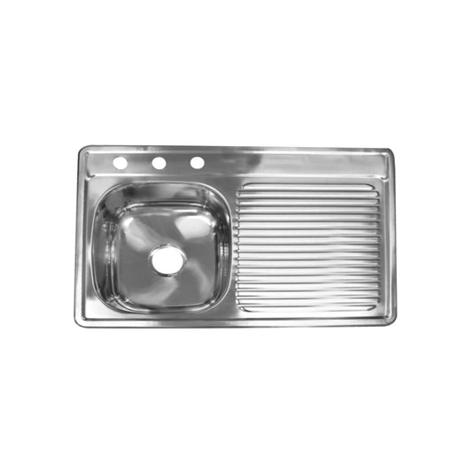 Fregadero de cocina de acero inoxidable con escurridor derecho, 3 barrenos para grifo, 80x50 cm