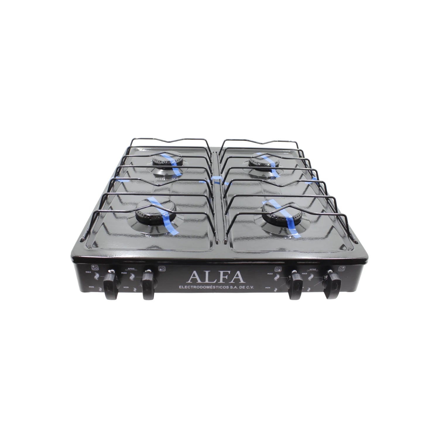 Estufa de gas portátil Alfa negra de 4 quemadores con parrillas de alambre, control de flama individual.