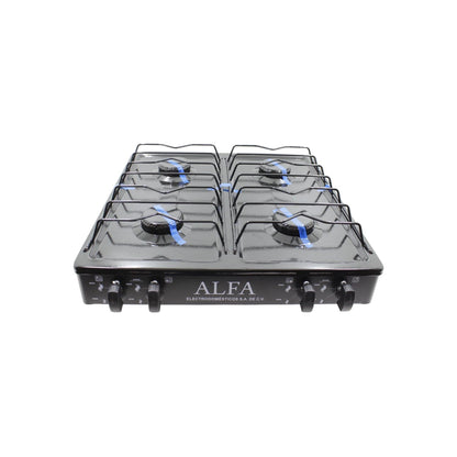 Estufa de gas portátil Alfa negra de 4 quemadores con parrillas de alambre, control de flama individual.