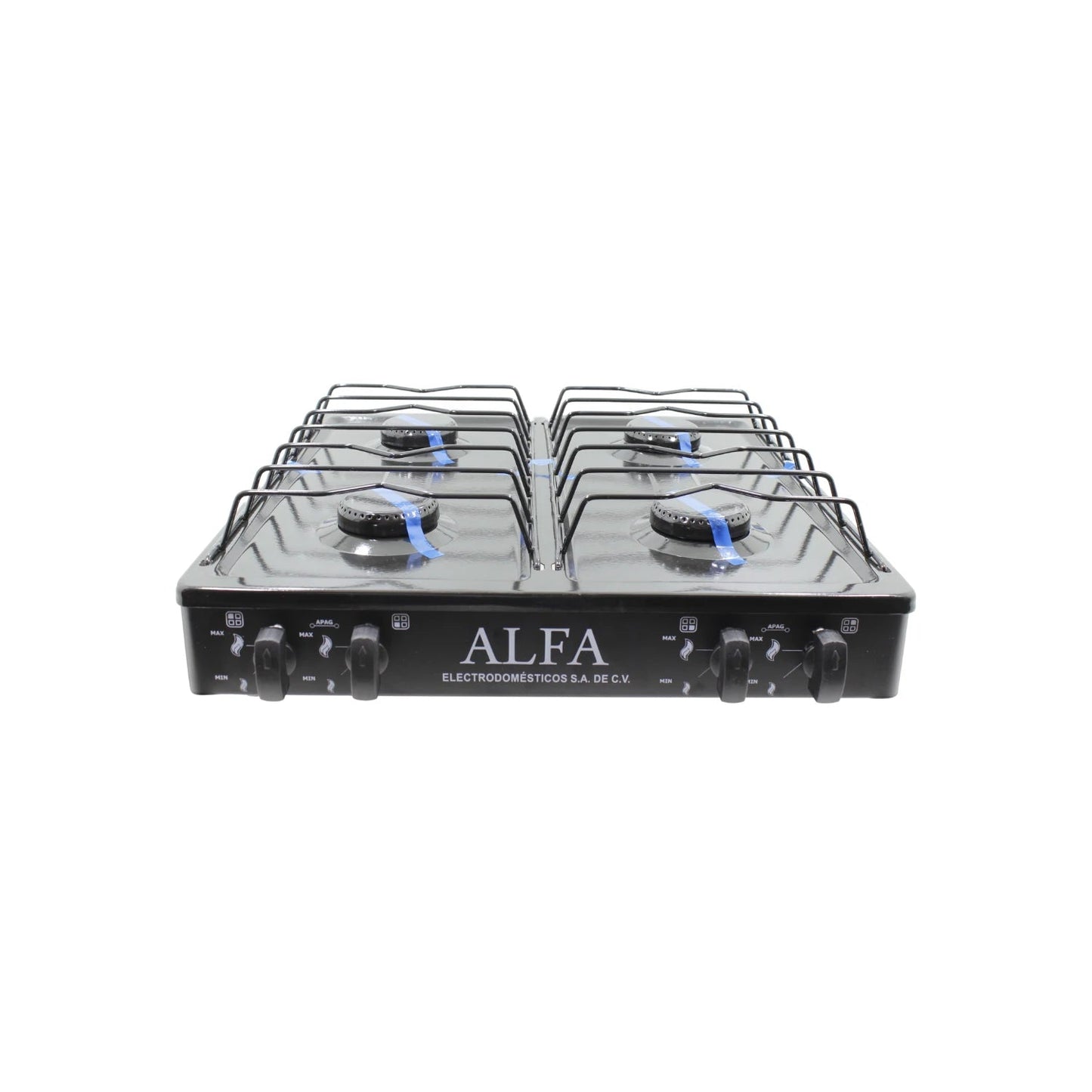 Estufa de gas ALFA 4 quemadores, portátil, color negro, con perillas de control MAX/MIN