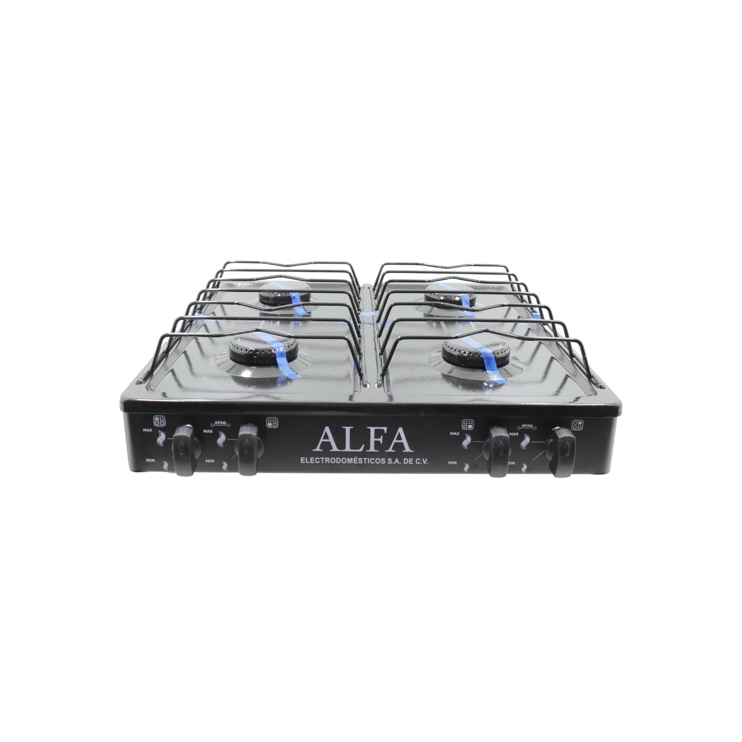 Estufa de gas ALFA 4 quemadores, portátil, color negro, con perillas de control MAX/MIN