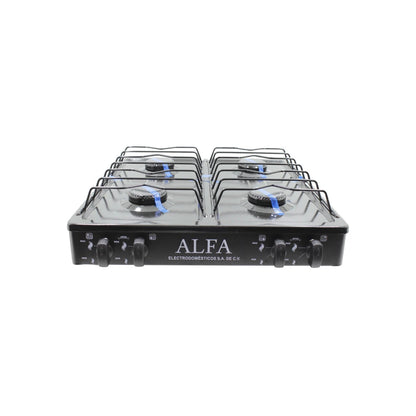 Estufa de gas ALFA 4 quemadores, portátil, color negro, con perillas de control MAX/MIN