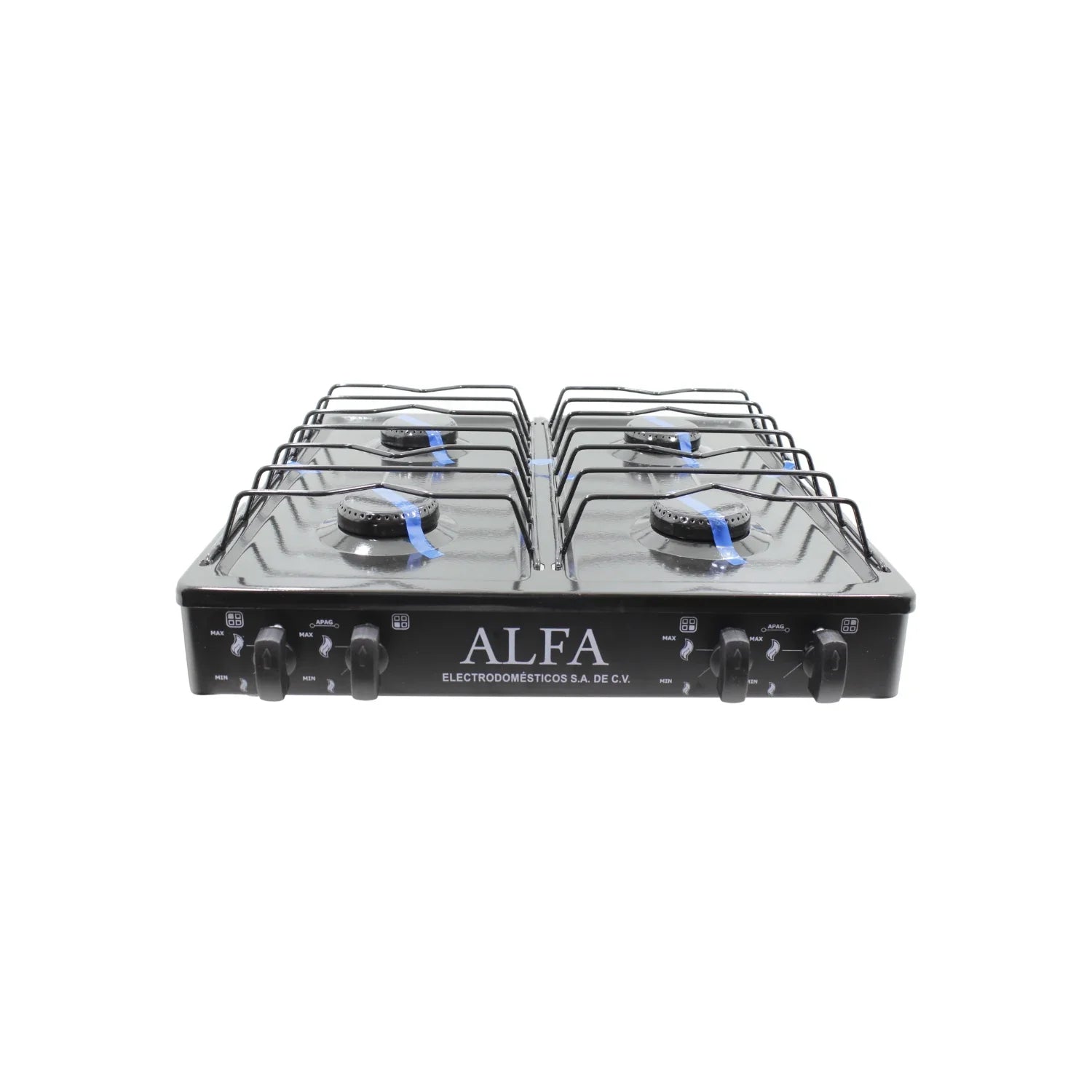 Cuerpo con pintura electrostática.,Cubierta de acero porcelanizada.,Válvula de seguridad.,Parrilla de gas de 4 quemadores.