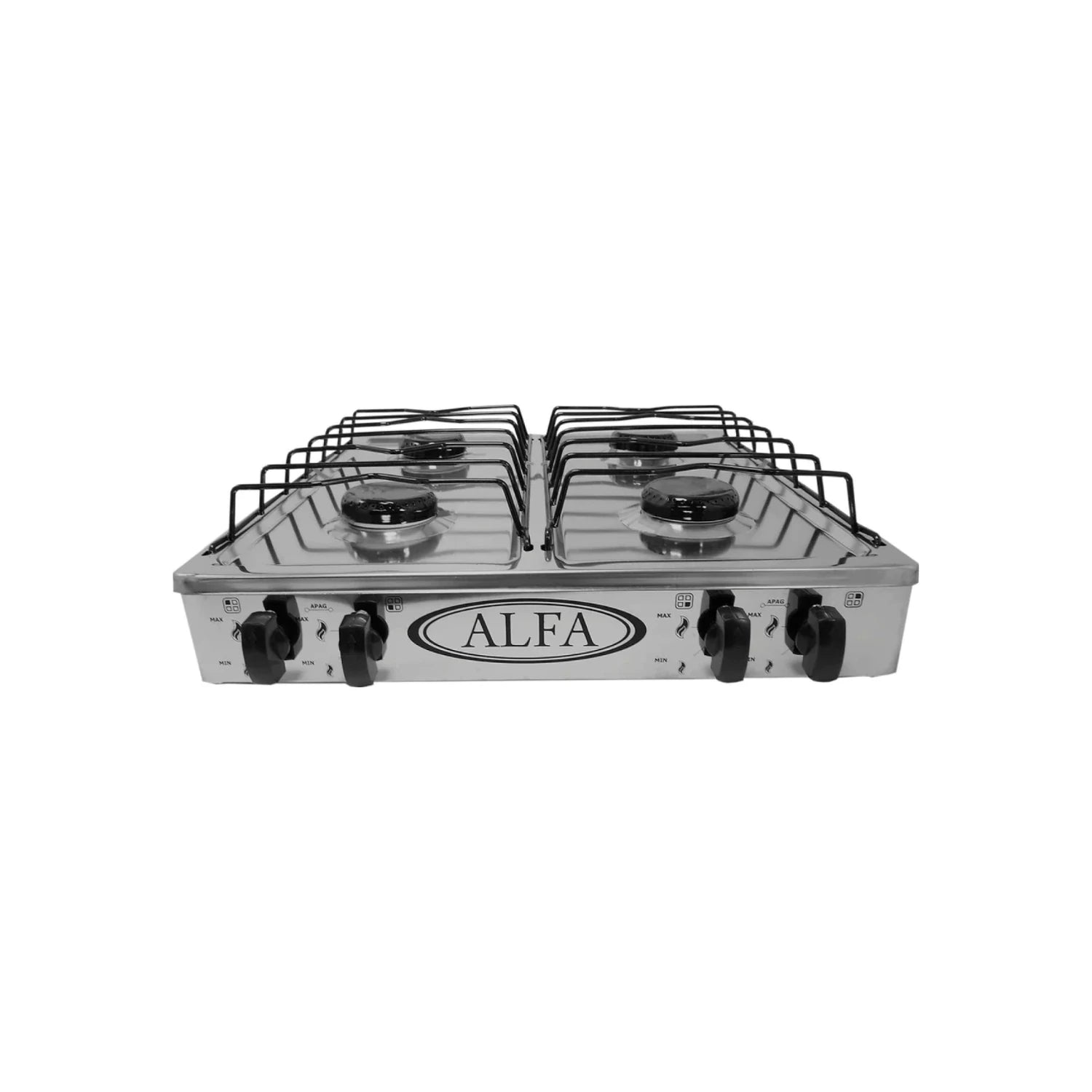 Estufa a gas ALFA de 4 quemadores de acero inoxidable con parrillas negras y perillas de control.
