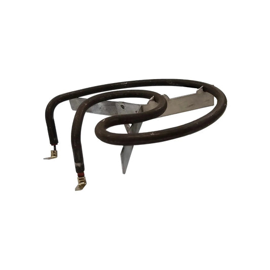 Resistencia calefactora metálica tubular en espiral para parrilla eléctrica chica, repuesto con soportes y terminales.