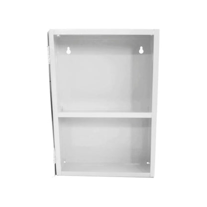 Botiquín metálico blanco de pared con dos estantes, ideal para almacenar suministros de primeros auxilios