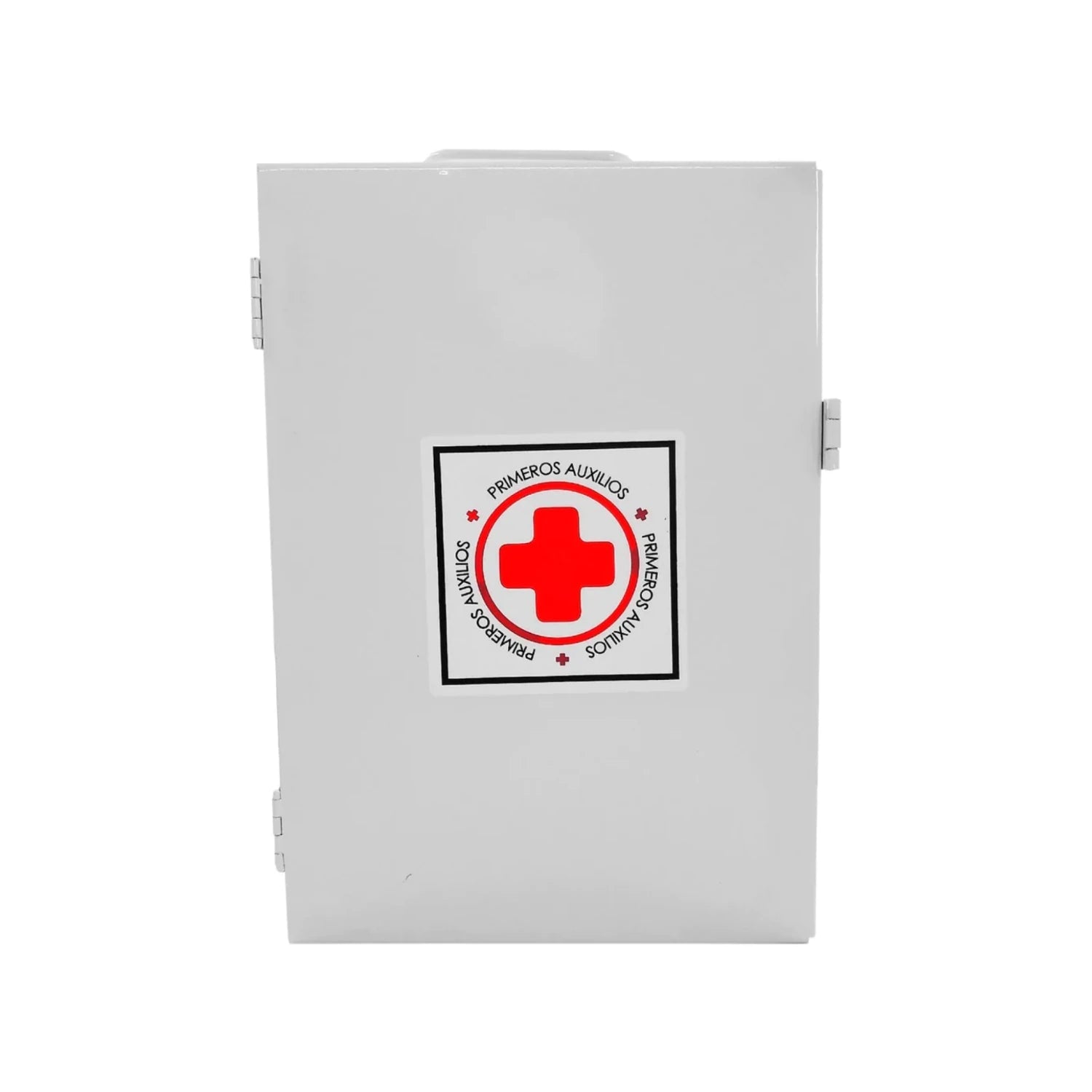 Botiquín metálico blanco de primeros auxilios con cruz roja, ideal para el hogar, oficina o taller.