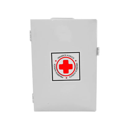 Botiquín metálico blanco de primeros auxilios con cruz roja, ideal para el hogar, oficina o taller.