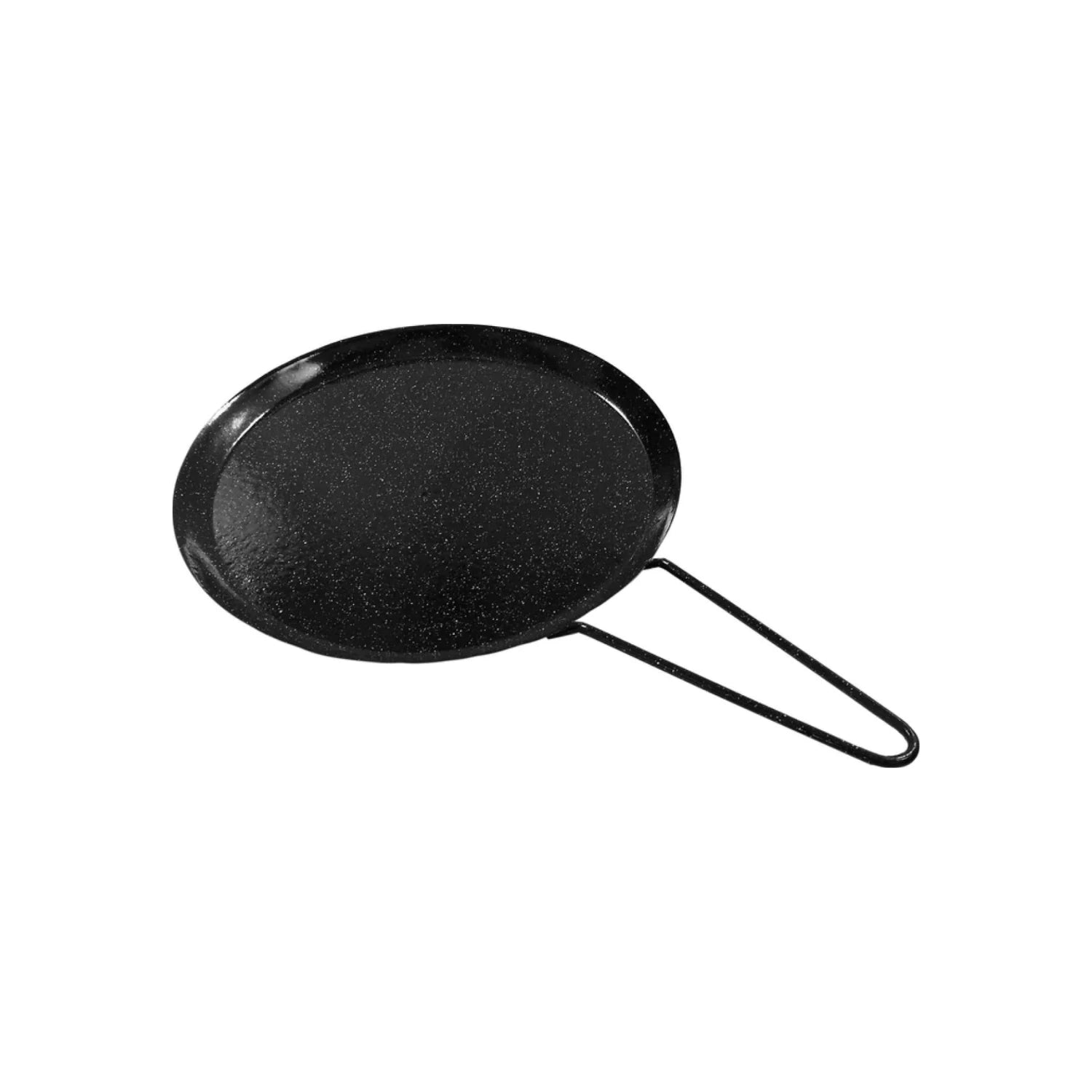 Comal redondo negro de acero porcelanizado antiadherente con acabado moteado y mango de alambre, duradero.