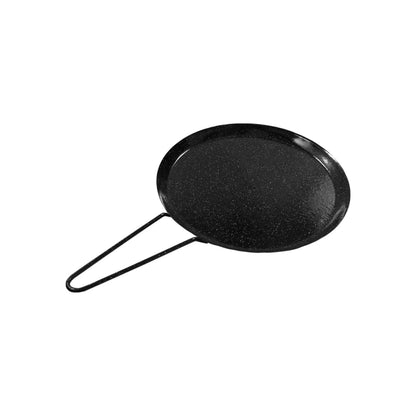 Comal redondo de acero porcelanizado negro con motas blancas y mango de alambre metálico para cocina