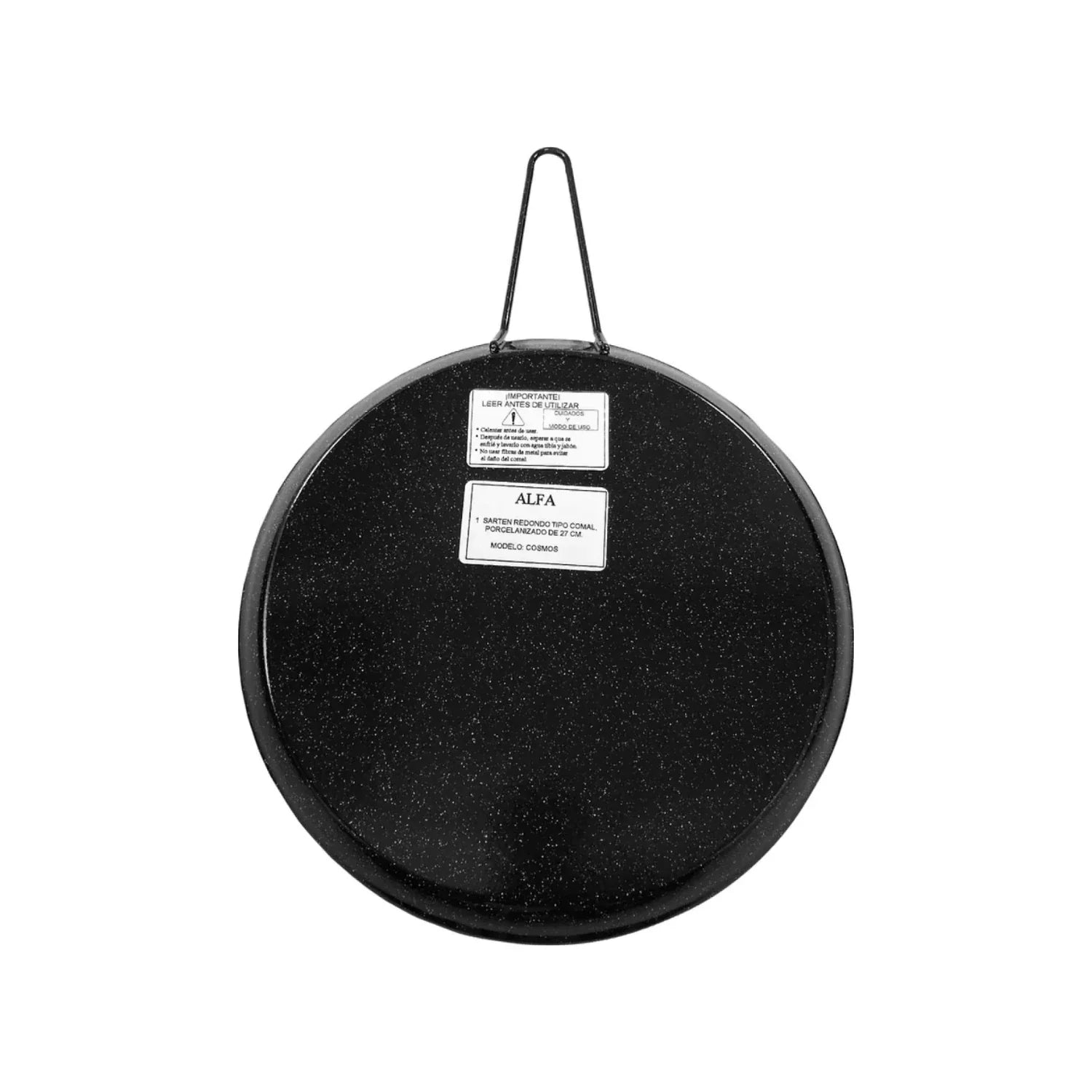 Modelo cosmos.,Comal mediano redondo porcelanizado.,Sarten tipo comal de 27 cm de diámetro.,No usar fibras de metal para evitar el daño en el comal.