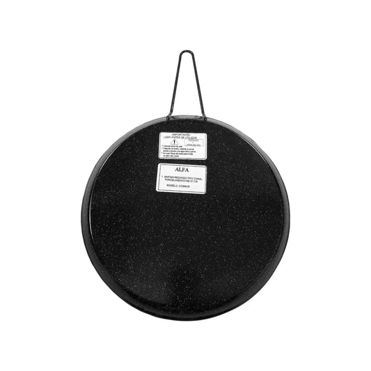 Modelo cosmos.,Comal mediano redondo porcelanizado.,Sarten tipo comal de 27 cm de diámetro.,No usar fibras de metal para evitar el daño en el comal.