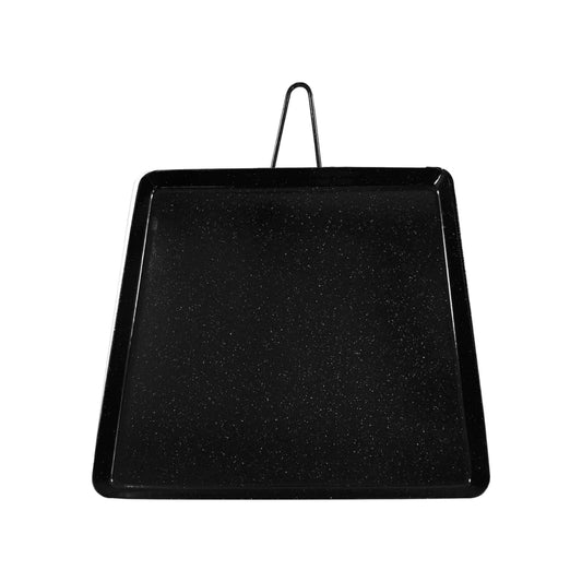 Comal cuadrado negro de acero porcelanizado con asa de metal para cocinar en estufa