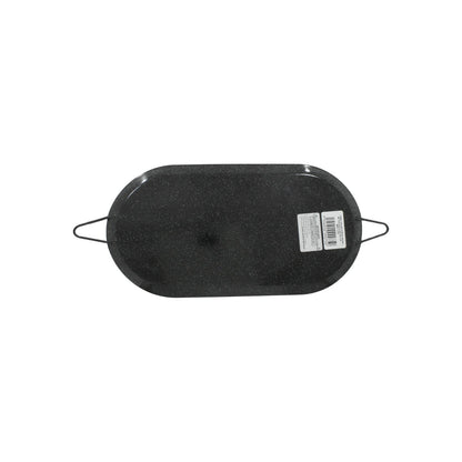 Comal ovalado grande de acero porcelanizado negro jaspeado con asas.