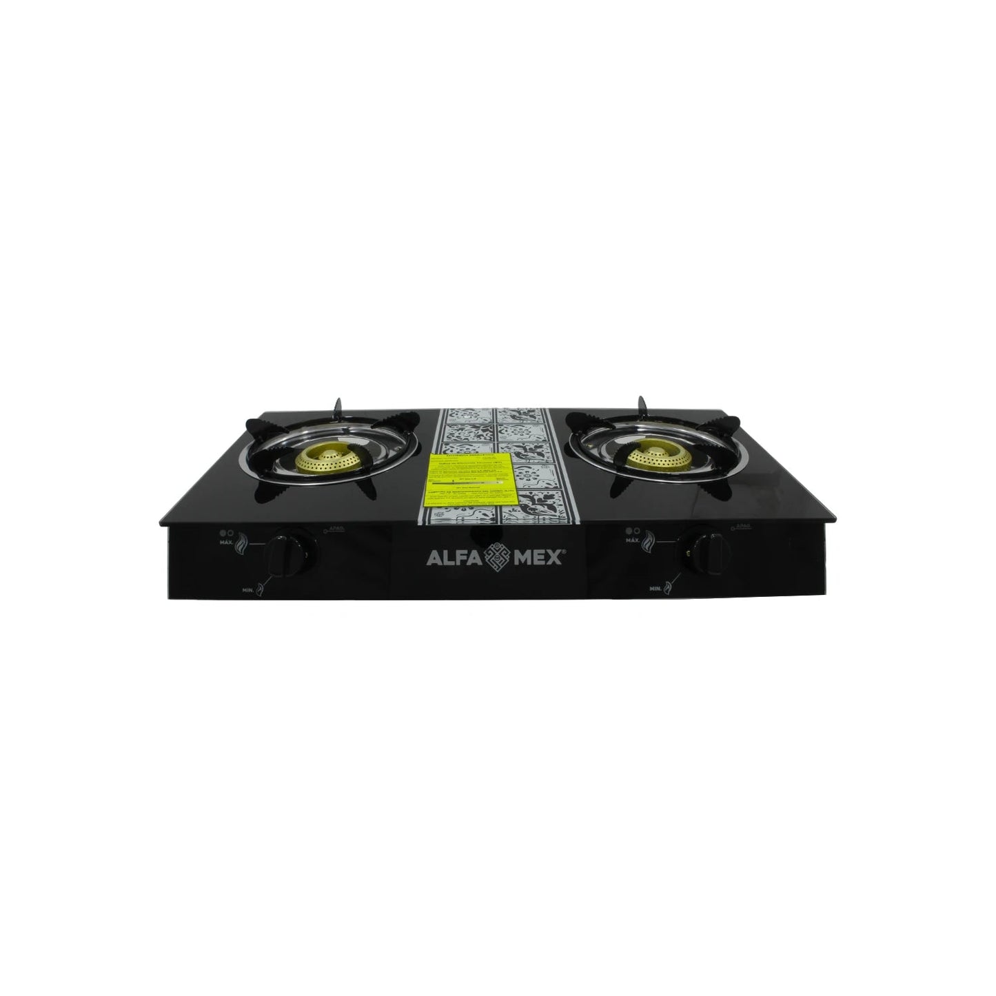 Estufa de gas 2 quemadores de cristal negro Alfa Mex para cocina portátil o encimera, diseño moderno.
