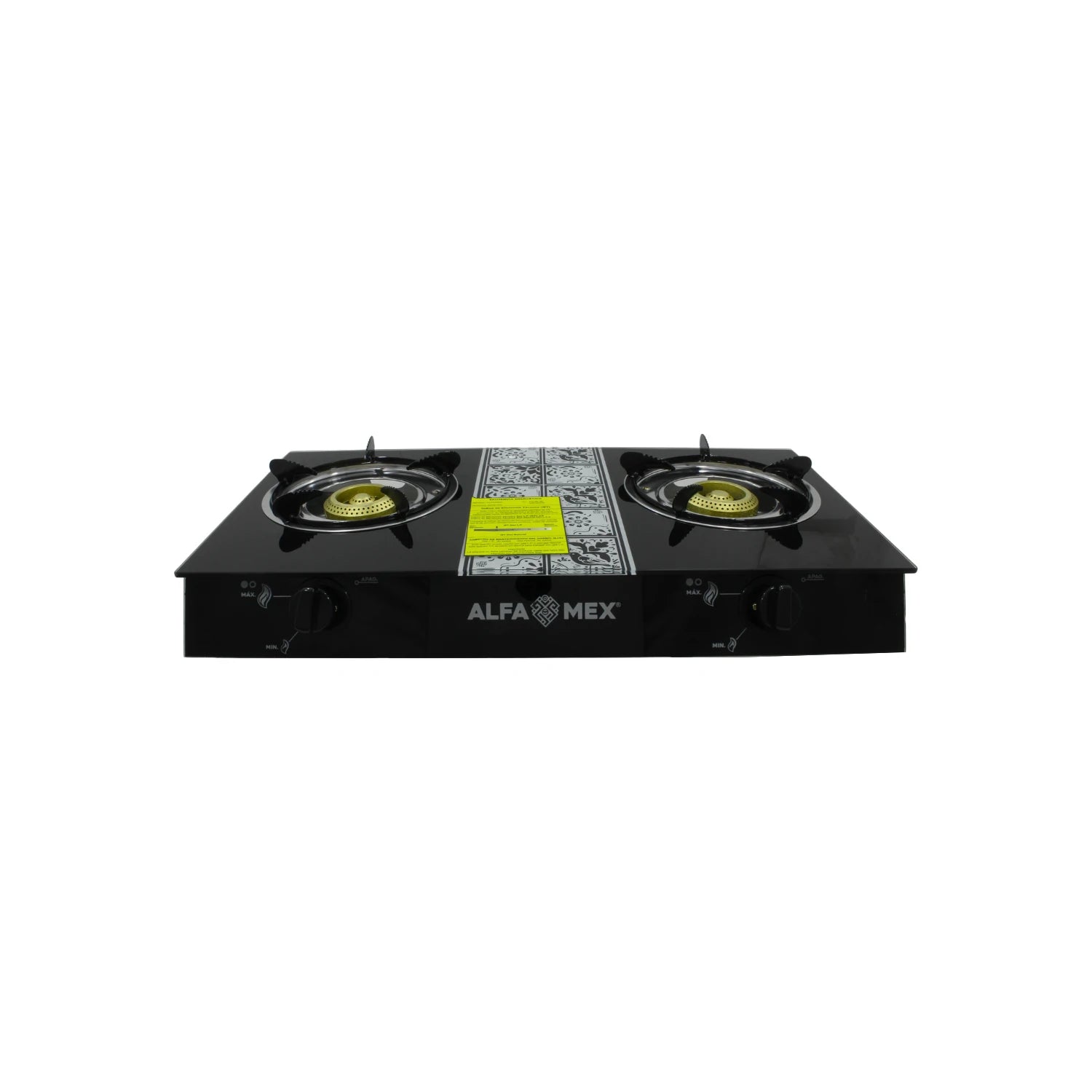 Estufa de gas 2 quemadores de cristal negro Alfa Mex para cocina portátil o encimera, diseño moderno.