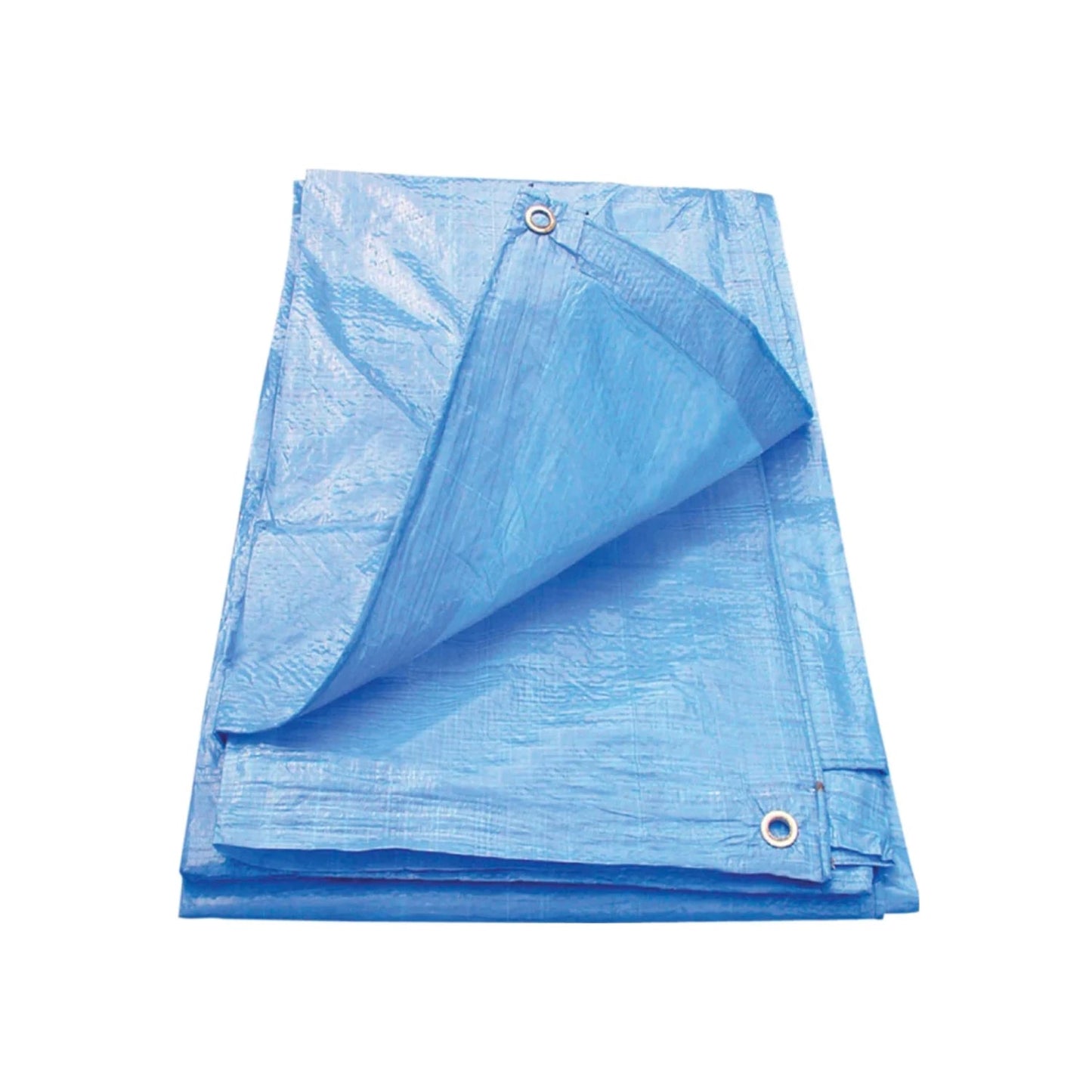 Lona azul ligera, impermeable y resistente, plegada, con ojales metálicos para protección exterior multiusos.