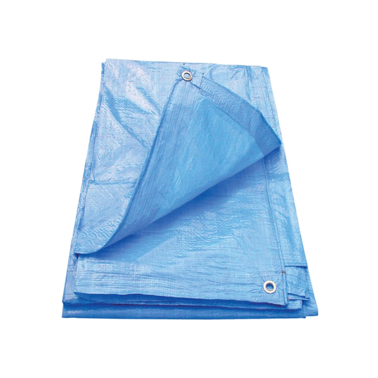 Lona azul ligera, impermeable y resistente, plegada, con ojales metálicos para protección exterior multiusos.