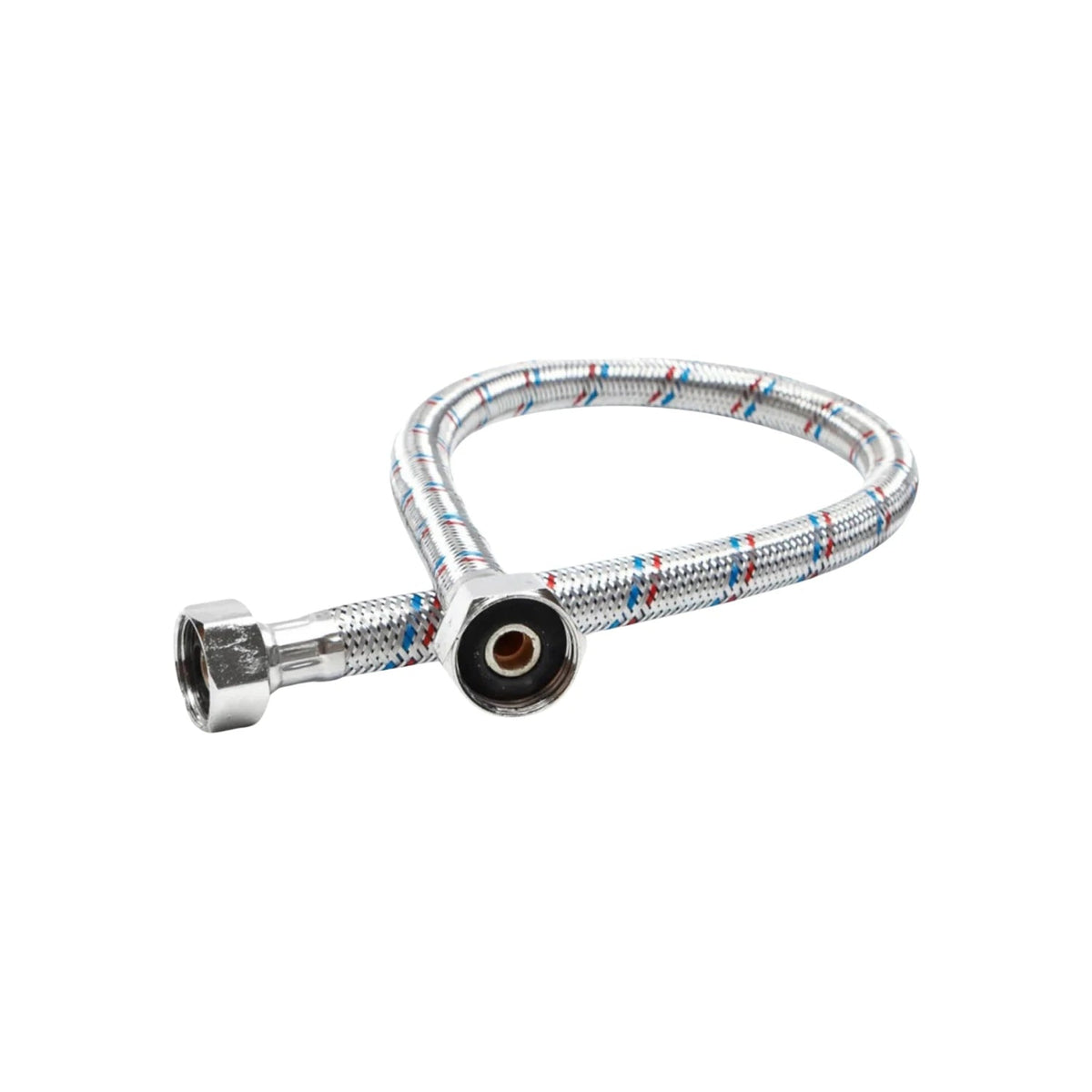 Manguera flexible trenzada metálica para conexión de agua caliente/fría, ideal para fregadero o grifo, con hilos azules y rojos.