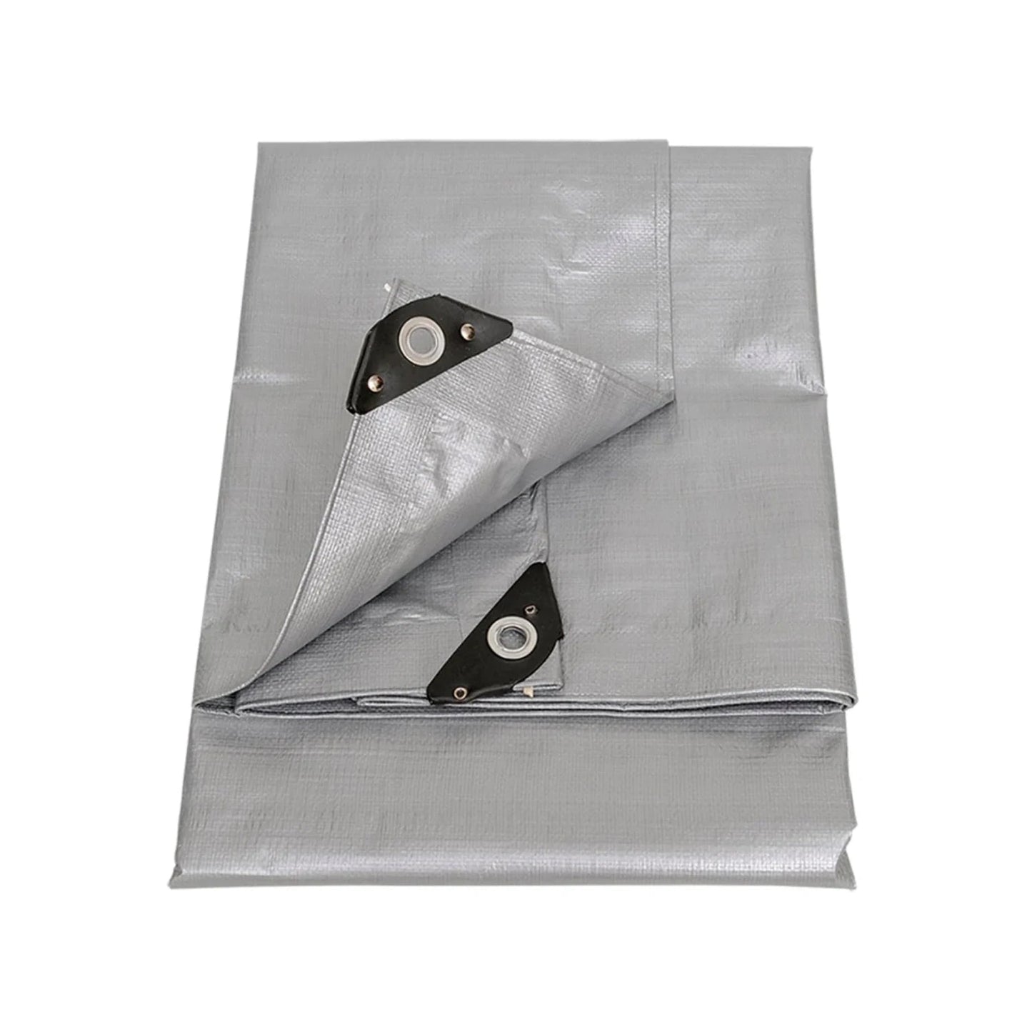 Lona gris plegada de uso rudo con ojillos metálicos y esquinas reforzadas, ideal para protección exterior.