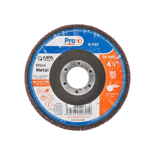 Fabricado con zirconio.,Disco láminado.,Diámetro: 4 1/2"(114 mm).,Eje: 7/8"(22.23 mm).,Espesor: 3/64"(1 mm).,Velocidad 13300 RPM,Grano 60,Excelente relación costo-rendimiento.,Para esmerilado de acero inoxidable, acero y soldadura.,Usar guantes y lentes de protección al momento de su uso.