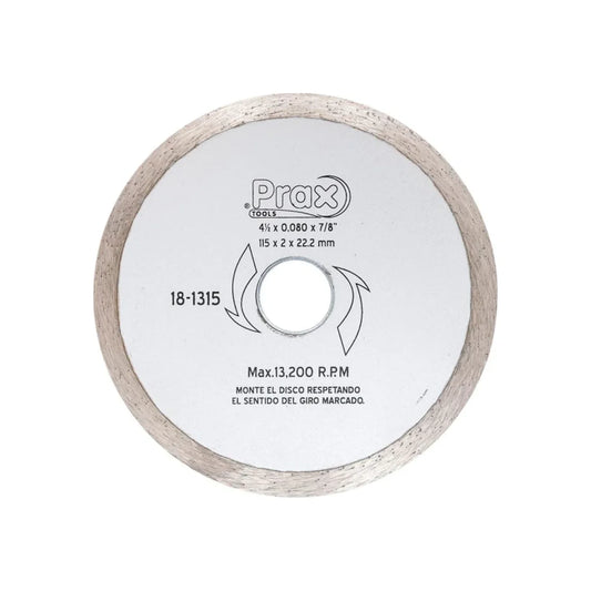 Disco diamantado rín continuo.,Corte para materiales de construcción.,Diámetro: 4 1/2"(114 mm).,Eje: 7/8"(22.23 mm).,Espesor: 2 mm,Velocidad 13200 RPM,Para cortes en concreto, piedra, cerámica,porcelanato y materiales duros.,Excelente calidad en acabados.,Usar guantes y lentes de protección al momento de su uso.