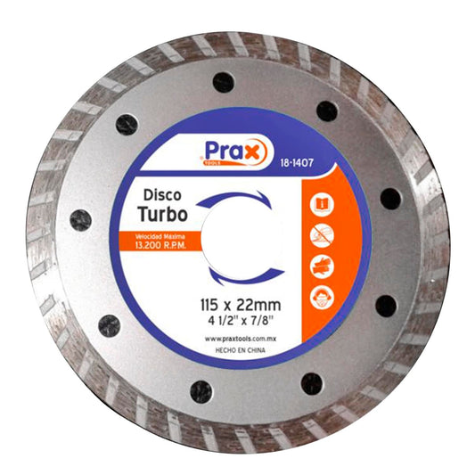 Disco diamantado rin turbo.,Corte para materiales de construcciÃ³n.,DiÃ¡metro: 4 1/2"(114 mm).,Eje: 7/8"(22.23 mm).,Espesor: 1.5 mm,Velocidad 13200 RPM,Ideal para cortes en concreto, piedra, cerÃ¡mica, loseta, marmol, ladrillo y materiales duros.,Excelente calidad en acabados.,Usar guantes y lentes de protecciÃ³n al momento de su uso.