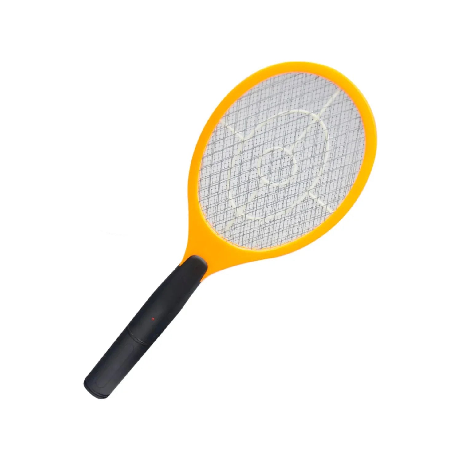 Matamoscas eléctrico recargable tipo raqueta naranja con mango negro y luz indicadora, ideal para insectos