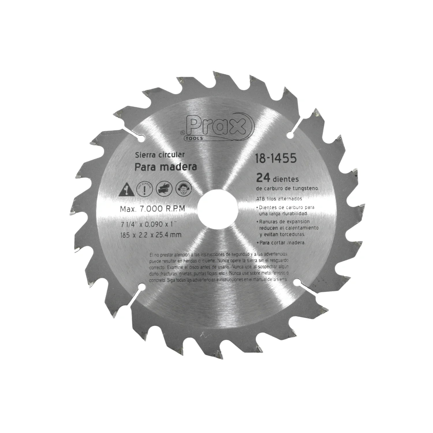 Velocidad máxima 7,000 RPM,Dientes carburo de tungsteno ATB biselado de forma alterna (derecha/izquierda).,Para madera.,Corte limpio longitudinal y transversal.