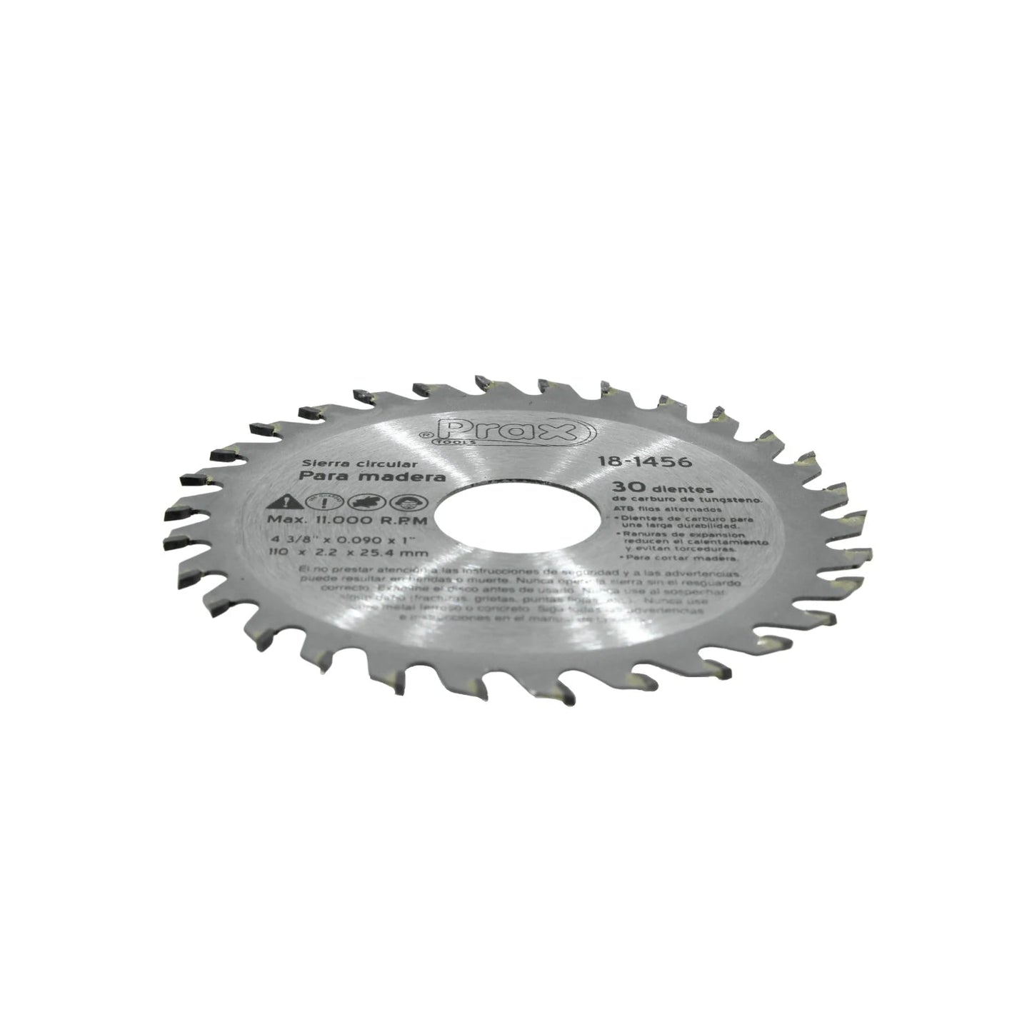 Disco sierra circular Prax 4 3/8" 30 dientes de carburo para madera, Max 11000 RPM, modelo 18-1456