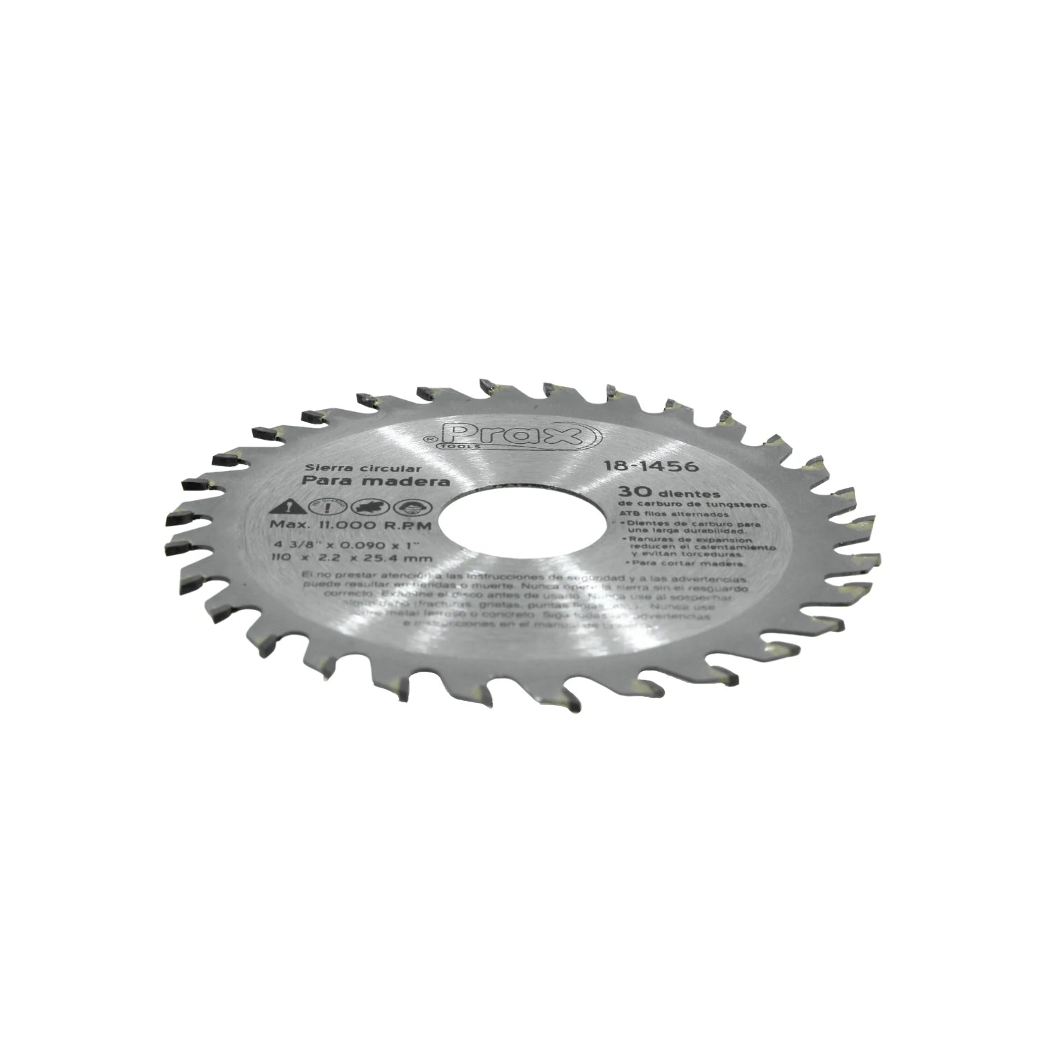Disco sierra circular Prax 4 3/8" 30 dientes de carburo para madera, Max 11000 RPM, modelo 18-1456