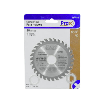 Disco sierra circular Prax 4 3/8" (110mm) de 30 dientes de carburo para madera, modelo 18-1456