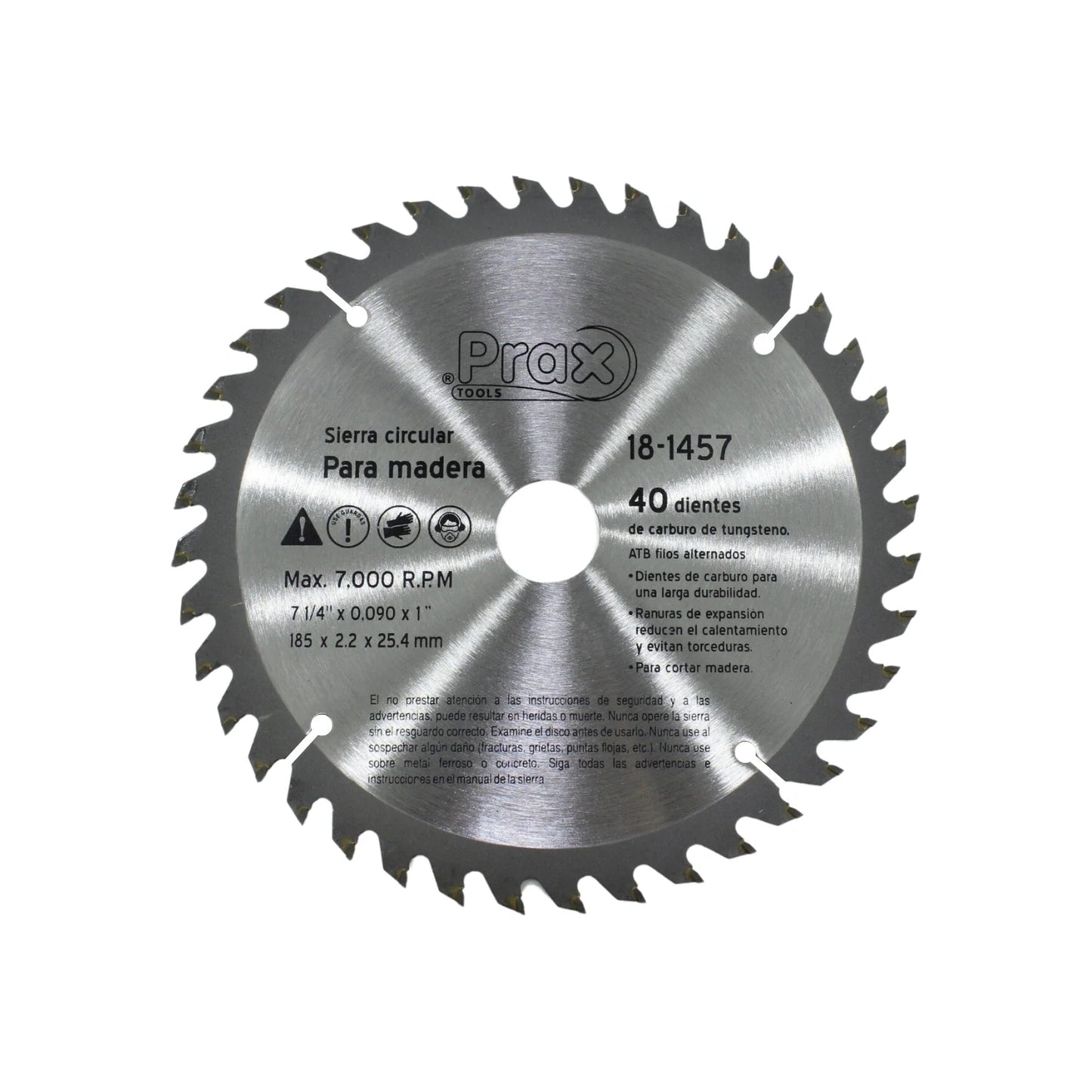 Disco sierra circular Prax plateado de 7 1/4" y 40 dientes de carburo de tungsteno para cortar madera.