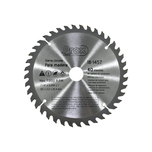 Disco sierra circular Prax plateado de 7 1/4" y 40 dientes de carburo de tungsteno para cortar madera.