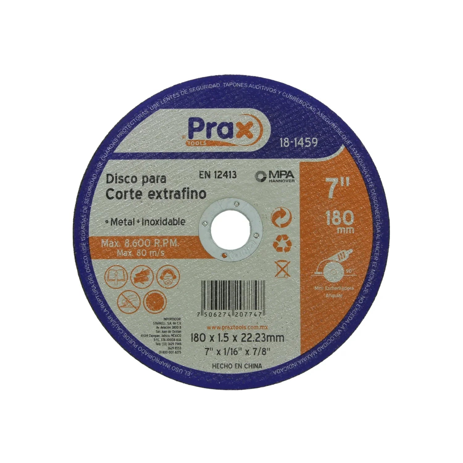 Fabricado en óxido de aluminio.,Corte inoxidable.,Diámetro: 7"(180 mm).,Eje: 7/8"(22.23 mm).,Espesor: 1/16"(1.5 mm).,Velocidad 8600 RPM,Cortes a 90º.,Usar guantes y lentes de protección al momento de su uso.