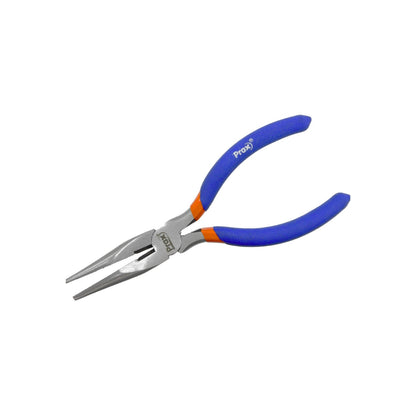 Pinza de punta larga Prax 6 pulgadas con mangos ergonómicos azules y naranjas para trabajos de precisión