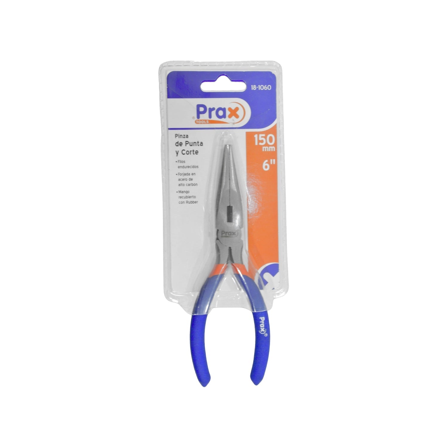 Pinza de punta y corte Prax 150mm (6") con mangos azules, forjada en acero alto carbono, para trabajos eléctricos