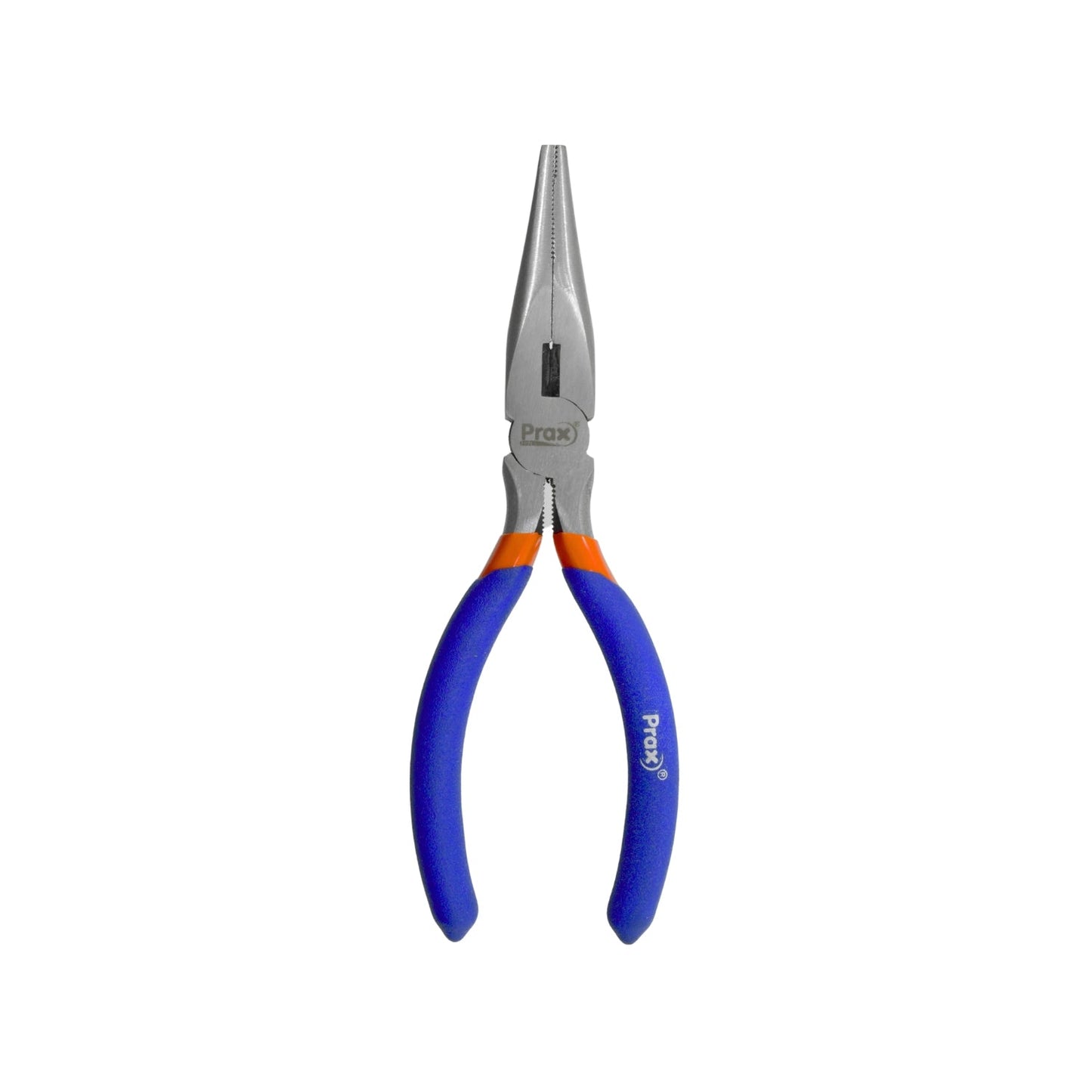 Pinza de punta larga Prax 6 pulgadas, mangos ergonómicos azul y naranja, para precisión.