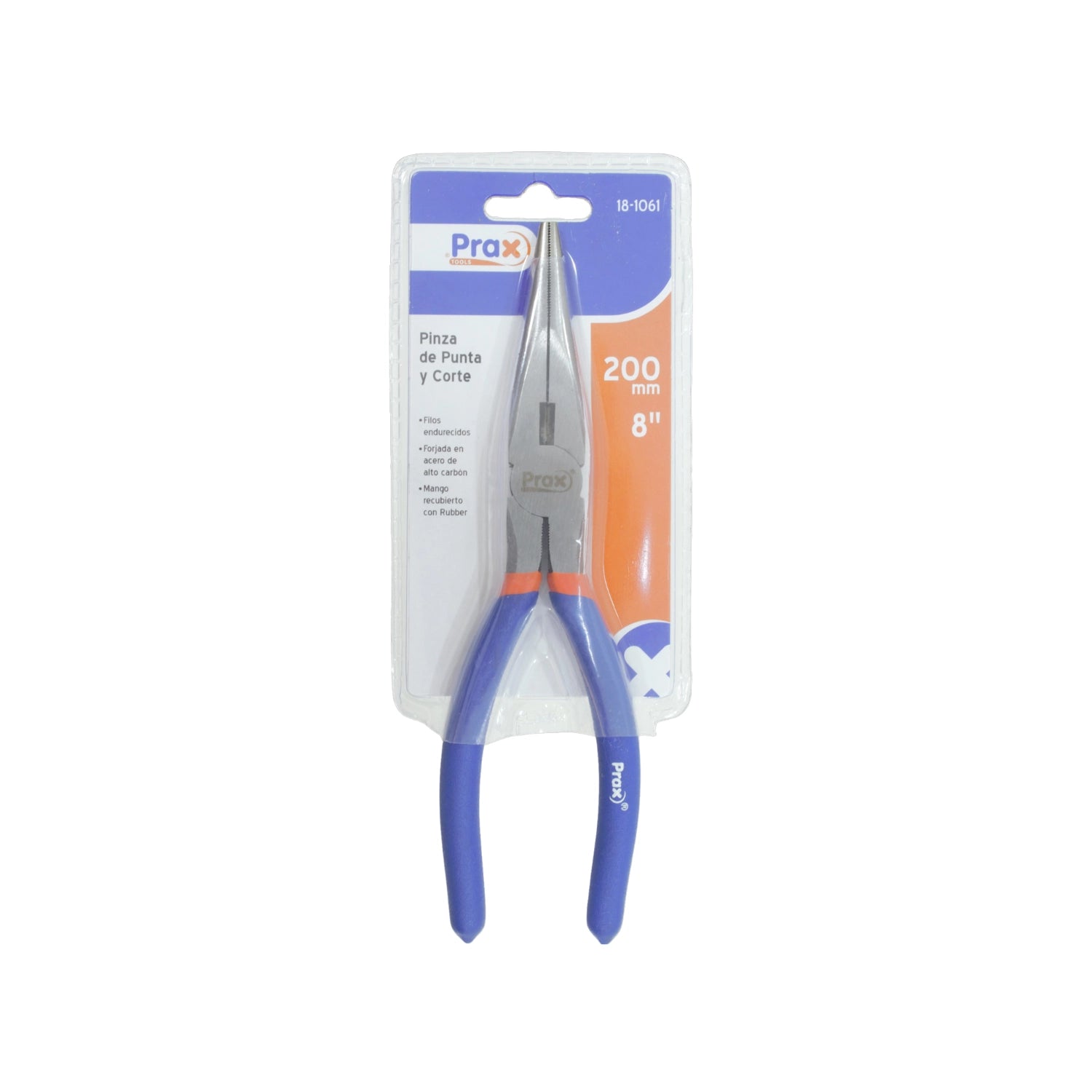 Pinza de punta y corte Prax 8" (200mm) con mangos azules de goma y filos endurecidos