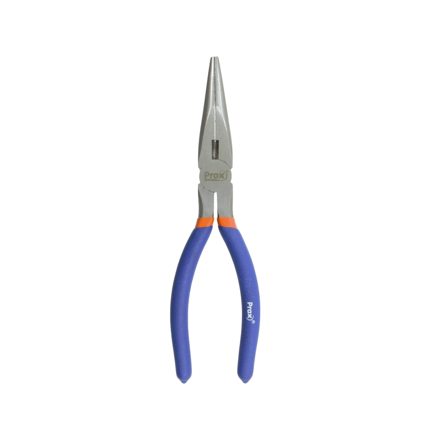 Pinza de punta larga Prax 8 pulgadas, mangos ergonómicos azules y naranjas, para trabajos de precisión y electrónica.