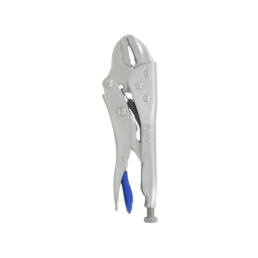 Pinza de presión Prax recta 7", acabado metálico, mandíbulas dentadas para agarre firme, palanca de liberación azul.