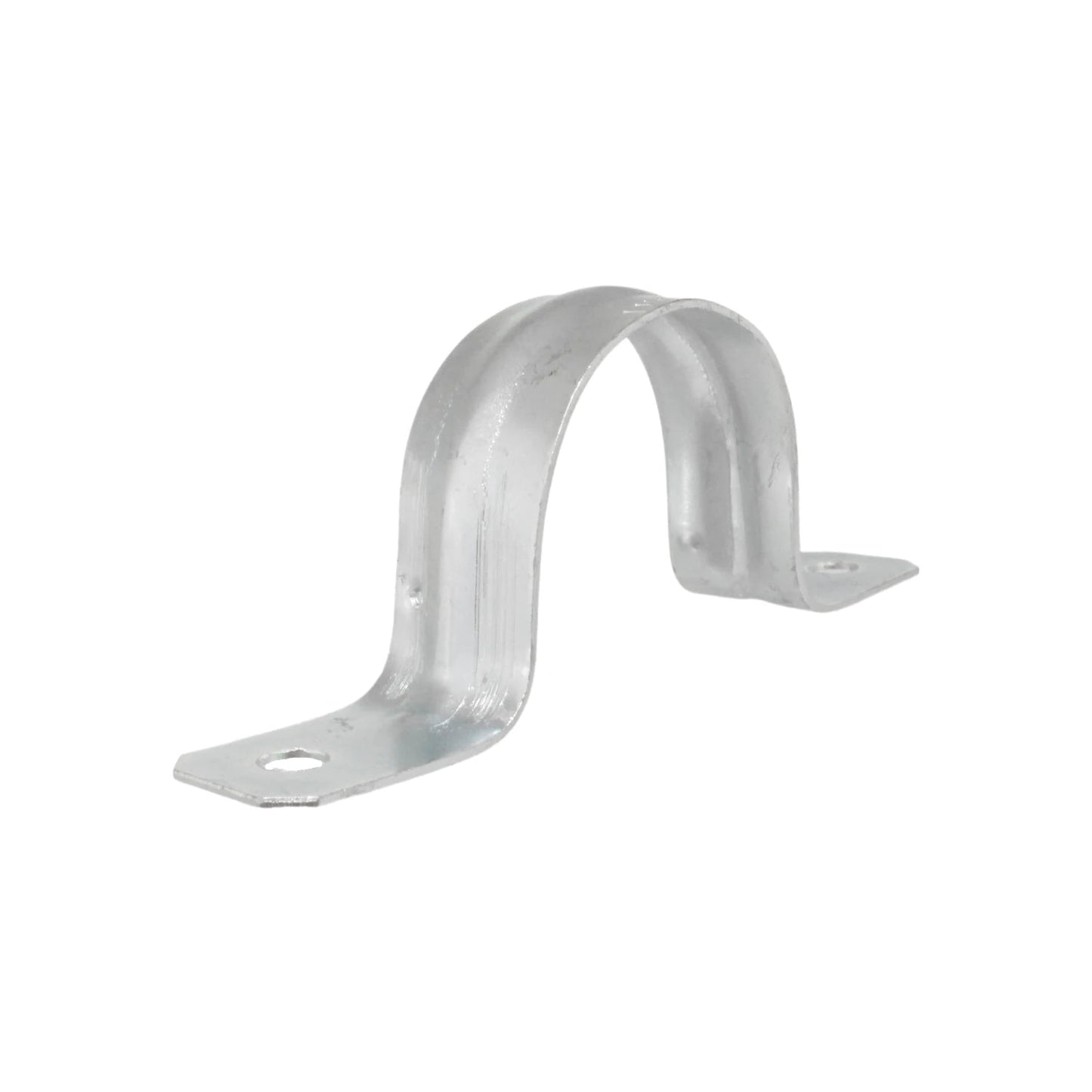 Abrazadera omega metálica para sujeción de tuberías o conduit, acabado galvanizado, con orificios de montaje