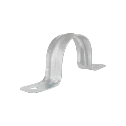 Abrazadera omega metálica para sujeción de tuberías o conduit, acabado galvanizado, con orificios de montaje