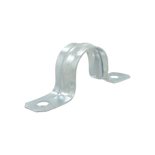 Abrazadera omega metálica galvanizada de 3/4 pulgada, ideal para sujetar tuberías o cables conduit a superficies.
