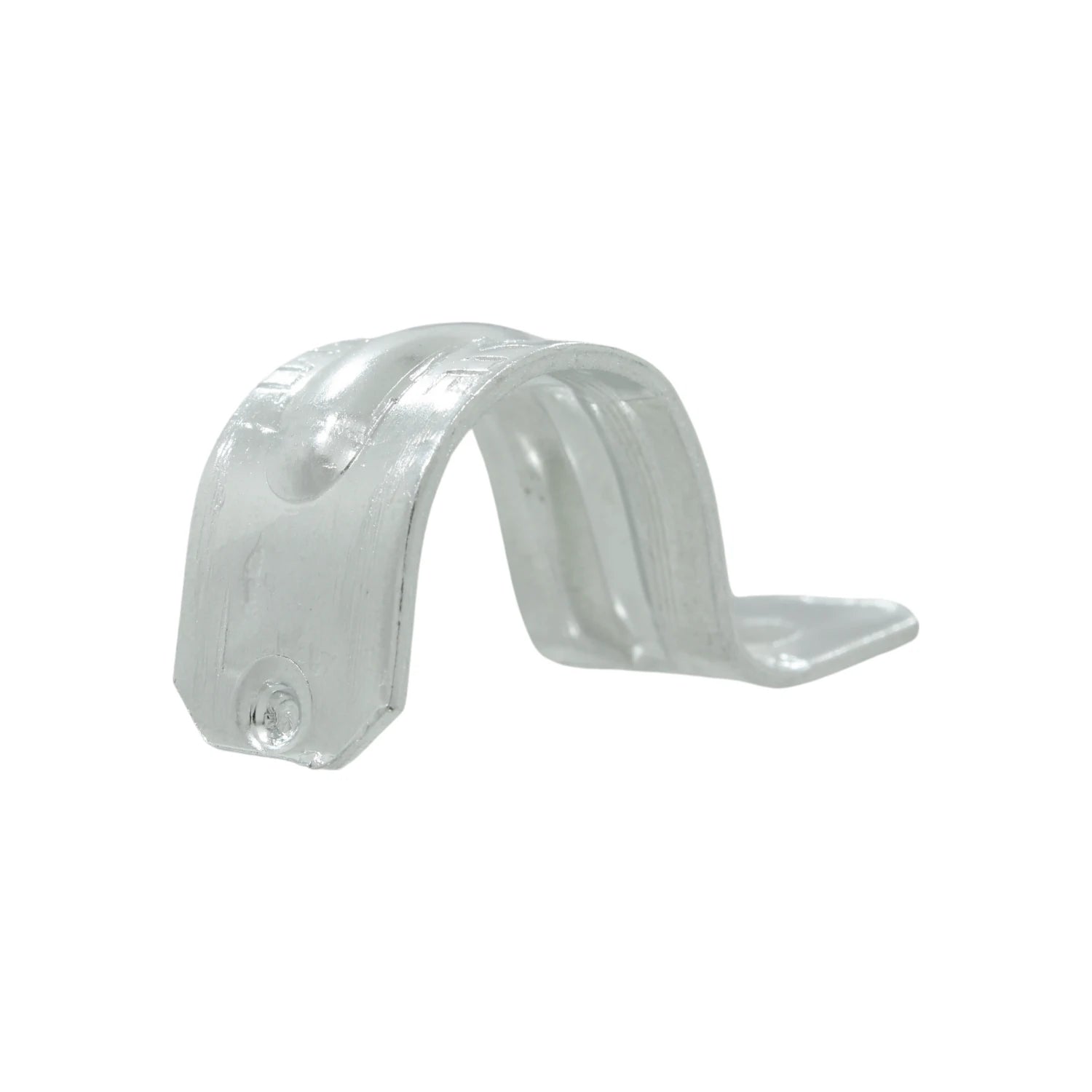 Abrazadera de uña galvanizada de 3/4 pulgada para fijación de tuberías, color plateado.